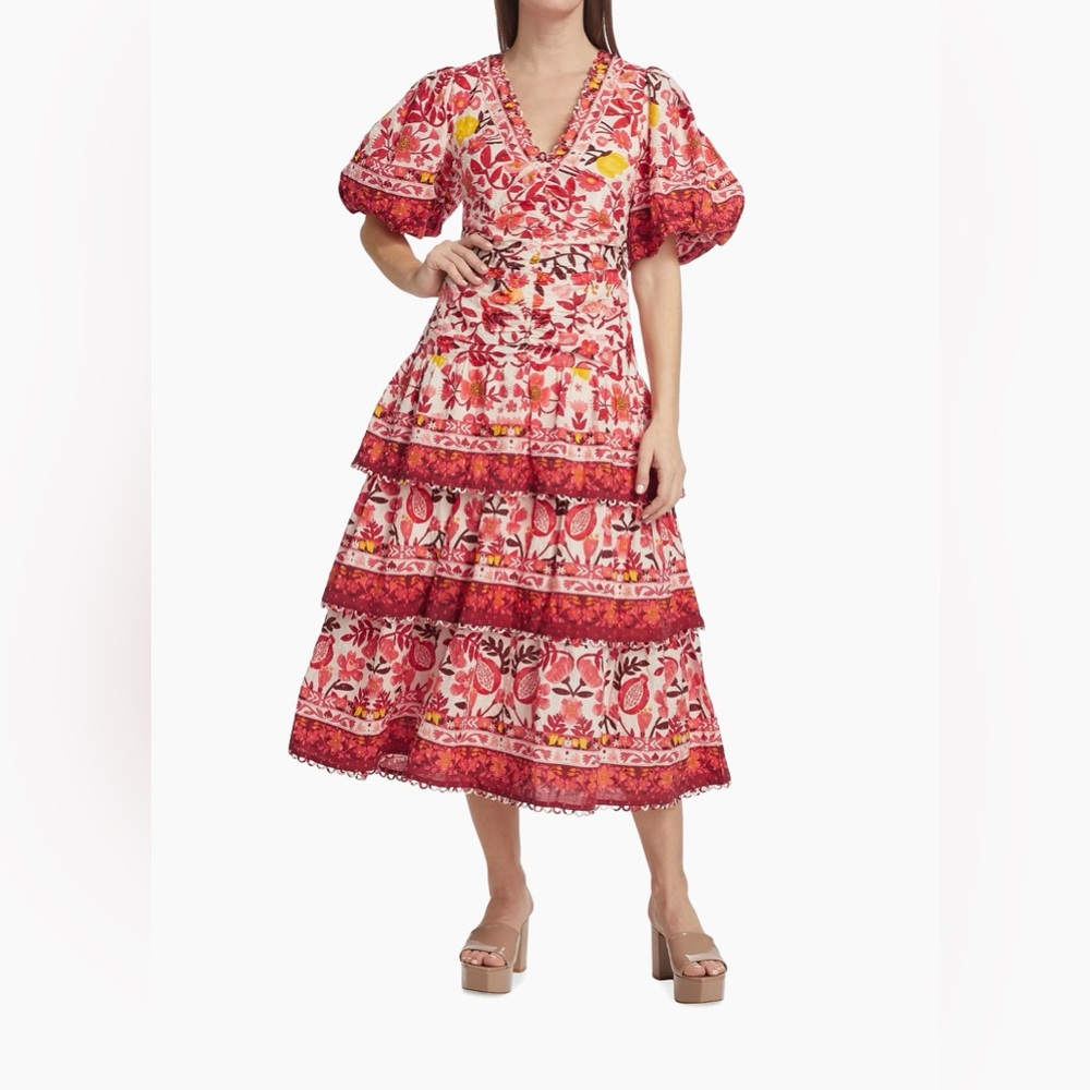 🌺 Farm Rio Romantic Orchard Red Pink Floral Lace-Up Tiered Midi Dress Cotton S